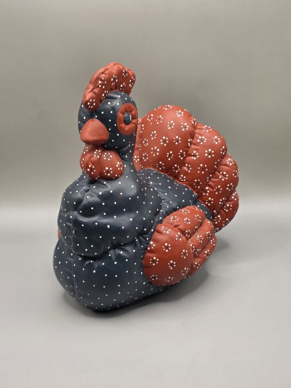 Vintage Ceramic Chicken Hen Figurine Quilted Look Faux Calico 1980s